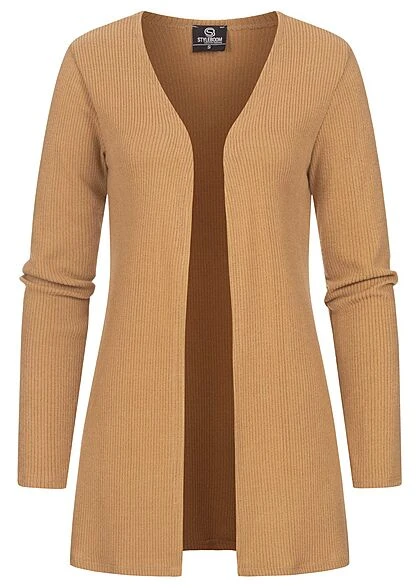 Styleboom Fashion Damen Ribbed Cardigan Mit Offenem Schnitt Beige 3 Styleboom Fashion Damen Ribbed Cardigan Mit Offenem Schnitt Beige