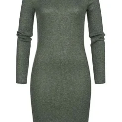 Styleboom Fashion Damen Rippoptik Kleid Longsleeve Oliv Grün