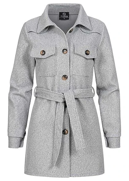 Styleboom Fashion Damen Fleece Coatigan Jacke Mit Bindegürtel Hell Grau Melange 3 Styleboom Fashion Damen Fleece Coatigan Jacke Mit Bindegürtel Hell Grau Melange