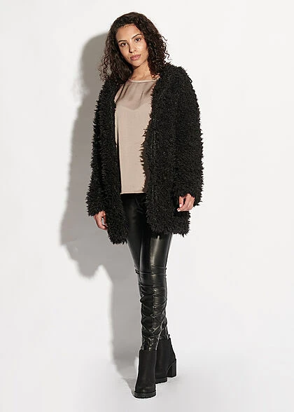 Seventyseven Lifestyle Damen Teddyfell Jacke Mit Kapuze 2-Pockets Schwarz 6 Seventyseven Lifestyle Damen Teddyfell Jacke Mit Kapuze 2-Pockets Schwarz – Bild 4