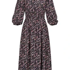 Hailys Damen Maxi Kleid Longsleeve Elastische Taille Blumenprint Schwarz