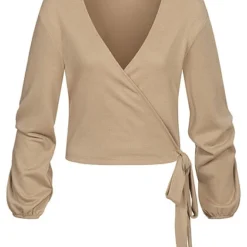 Vero Moda Damen Kurzer V-Neck Wickelcardigan Mit Bindedetail Seitlich Silver Mink Beige