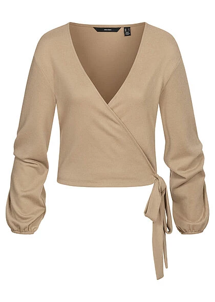 Vero Moda Damen Kurzer V-Neck Wickelcardigan Mit Bindedetail Seitlich Silver Mink Beige 3 Vero Moda Damen Kurzer V-Neck Wickelcardigan Mit Bindedetail Seitlich Silver Mink Beige