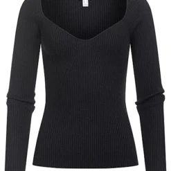 Vero Moda Damen Ribbed Viskose Longeleeve Pullover Mit Herzausschnitt Schwarz