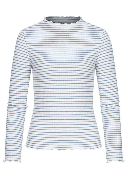 ONLY Damen Longsleeve Pullover Mit Frill-Saum Und Bündchen Gestreift Weiss Blau 3 ONLY Damen Longsleeve Pullover Mit Frill-Saum Und Bündchen Gestreift Weiss Blau