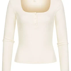 ONLY Damen NOOS Basic Ribbed Longsleeve Knopfleiste Carree-Ausschnitt Cloud Weiss