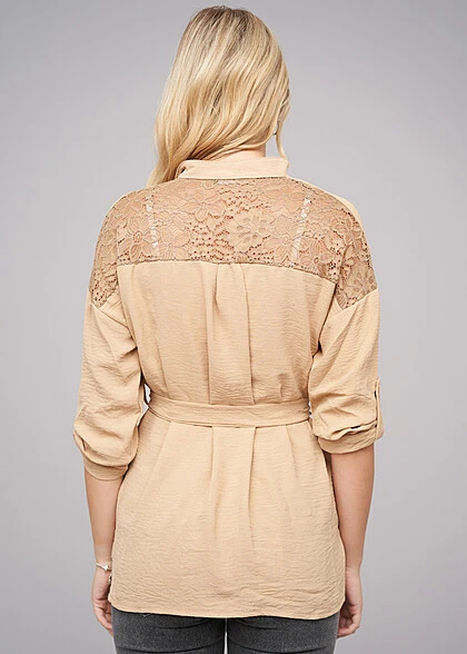 Cloud5ive Damen Turn-Up Kleid Mit Bindedetail Tunika Beige 4 Cloud5ive Damen Turn-Up Kleid Mit Bindedetail Tunika Beige – Bild 2