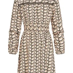 Cloud5ive Damen Retro LA Kleid Chiffon Crep Kleid Gummibund Print Beige Schwarz