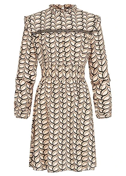 Cloud5ive Damen Retro LA Kleid Chiffon Crep Kleid Gummibund Print Beige Schwarz 3 Cloud5ive Damen Retro LA Kleid Chiffon Crep Kleid Gummibund Print Beige Schwarz