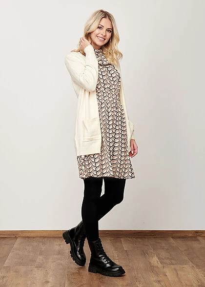 Cloud5ive Damen Retro LA Kleid Chiffon Crep Kleid Gummibund Print Beige Schwarz 6 Cloud5ive Damen Retro LA Kleid Chiffon Crep Kleid Gummibund Print Beige Schwarz – Bild 4