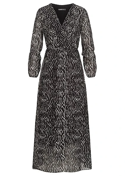 Cloud5ive Damen Langes Chiffon Kleid V-Neck Viskoseeinsatz Print Schwarz Weiss 3 Cloud5ive Damen Langes Chiffon Kleid V-Neck Viskoseeinsatz Print Schwarz Weiss