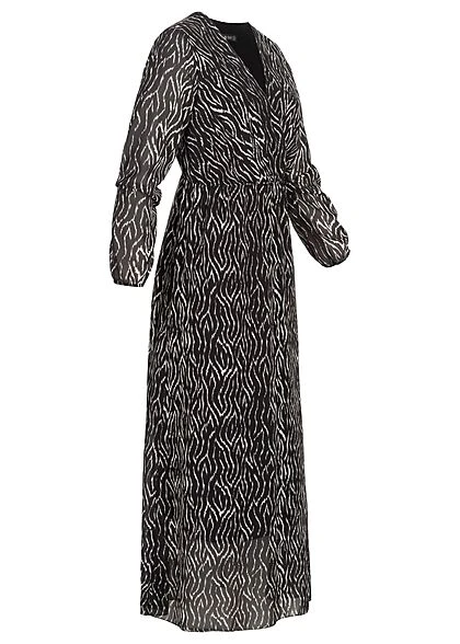 Cloud5ive Damen Langes Chiffon Kleid V-Neck Viskoseeinsatz Print Schwarz Weiss 4 Cloud5ive Damen Langes Chiffon Kleid V-Neck Viskoseeinsatz Print Schwarz Weiss – Bild 2