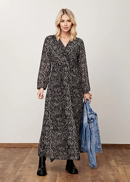 Cloud5ive Damen Langes Chiffon Kleid V-Neck Viskoseeinsatz Print Schwarz Weiss 6 Cloud5ive Damen Langes Chiffon Kleid V-Neck Viskoseeinsatz Print Schwarz Weiss – Bild 4