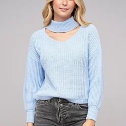 Cloud5ive Damen Pullover Mit Stehrollkragen Und V-Ausschnitt Blau