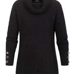 Styleboom Fashion Damen Longform Rollkragen Pullover Mit Deko Knöpfen Schwarz