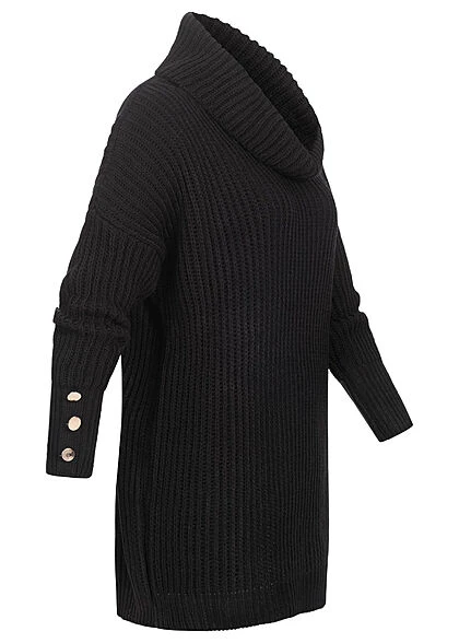 Styleboom Fashion Damen Longform Rollkragen Pullover Mit Deko Knöpfen Schwarz 4 Styleboom Fashion Damen Longform Rollkragen Pullover Mit Deko Knöpfen Schwarz – Bild 2
