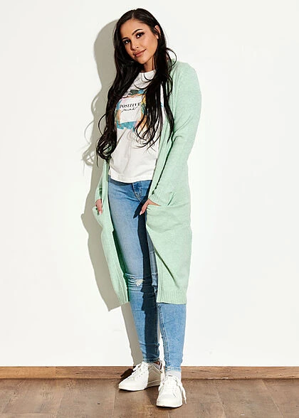 VILA Damen NOOS Longform Cardigan Offener Schnitt 2-Pockets Grayed Jade Grün 6 VILA Damen NOOS Longform Cardigan Offener Schnitt 2-Pockets Grayed Jade Grün – Bild 4