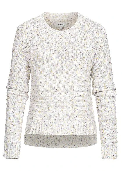ONLY Damen Vokuhila Strickpullover Mit Multicolor Punkten Cloud Dancer Weiss 3 ONLY Damen Vokuhila Strickpullover Mit Multicolor Punkten Cloud Dancer Weiss