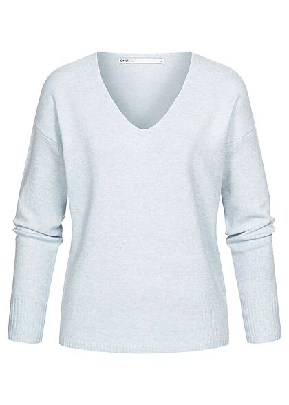 ONLY Damen NOOS V-Neck Strickpullover Rippbüdchen Nebel Blau 3 ONLY Damen NOOS V-Neck Strickpullover Rippbüdchen Nebel Blau