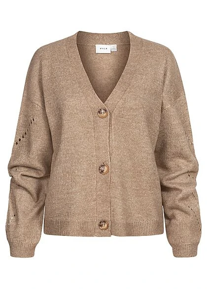 VILA Damen NOOS Cardigan Strickjacke Mit Knopfleiste V-Neck Portabella Braun 3 VILA Damen NOOS Cardigan Strickjacke Mit Knopfleiste V-Neck Portabella Braun