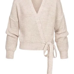 Cloud5ive Damen Kurzer V-Neck Wickelcardigan Seitlich Zum Binden Hell Beige