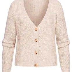 Cloud5ive Damen Kurzer Basic V-Neck Strickcardigan Mit Knopfleiste Hell Beige
