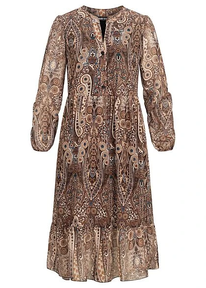 Cloud5ive Damen Langes V-Neck Kleid Mit Knopfleiste Paisley Print 2-lagig Braun Beige 3 Cloud5ive Damen Langes V-Neck Kleid Mit Knopfleiste Paisley Print 2-lagig Braun Beige
