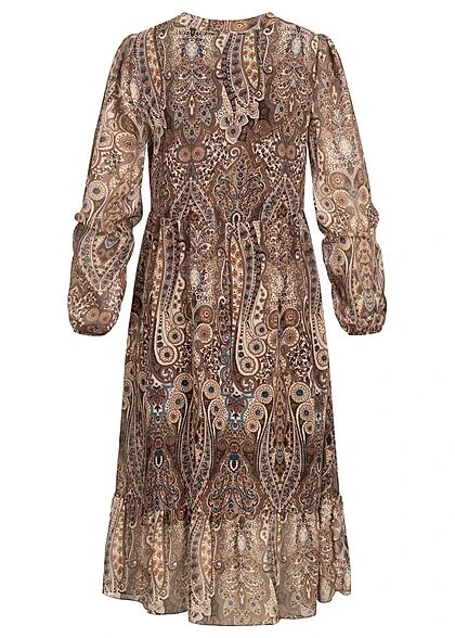 Cloud5ive Damen Langes V-Neck Kleid Mit Knopfleiste Paisley Print 2-lagig Braun Beige 5 Cloud5ive Damen Langes V-Neck Kleid Mit Knopfleiste Paisley Print 2-lagig Braun Beige – Bild 3