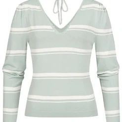 ONLY Damen V-Neck Pullover Mit Bindedetail Hinten & Streifen Tofu Beige Grau