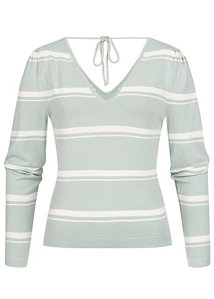 ONLY Damen V-Neck Pullover Mit Bindedetail Hinten & Streifen Tofu Beige Grau 3 ONLY Damen V-Neck Pullover Mit Bindedetail Hinten & Streifen Tofu Beige Grau