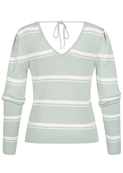 ONLY Damen V-Neck Pullover Mit Bindedetail Hinten & Streifen Tofu Beige Grau 4 ONLY Damen V-Neck Pullover Mit Bindedetail Hinten & Streifen Tofu Beige Grau – Bild 2