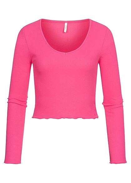 ONLY Damen Cropped V-Neck Longsleeve Pullover Mit Frilldetails Am Saum Pink 3 ONLY Damen Cropped V-Neck Longsleeve Pullover Mit Frilldetails Am Saum Pink