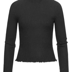 Vero Moda Damen Ribbed High-Neck Longsleeve Mit Frilldetails Schwarz