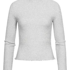 Vero Moda Damen Ribbed High-Neck Longsleeve Mit Frilldetails Hell Grau Melange