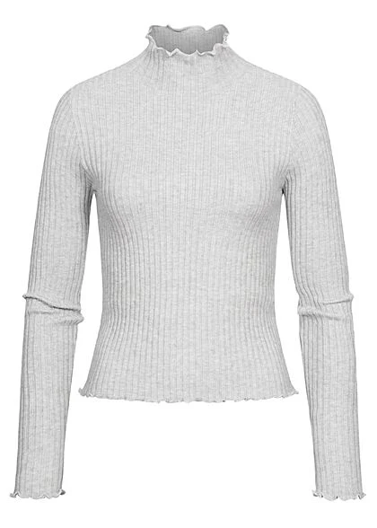 Vero Moda Damen Ribbed High-Neck Longsleeve Mit Frilldetails Hell Grau Melange 3 Vero Moda Damen Ribbed High-Neck Longsleeve Mit Frilldetails Hell Grau Melange