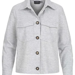 Vero Moda Damen Kurze Shaket Hemdjacke Mit 2 Brusttaschen Knopfleiste Hell Grau Melange