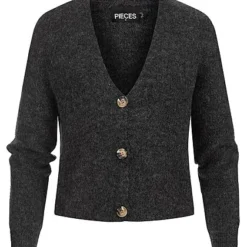 Pieces Damen NOOS Kurze V-Neck Strickjacke Cardigan Knopfleiste Dunkel Grau