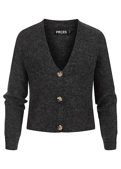 Pieces Damen NOOS Kurze V-Neck Strickjacke Cardigan Knopfleiste Dunkel Grau 3 Pieces Damen NOOS Kurze V-Neck Strickjacke Cardigan Knopfleiste Dunkel Grau