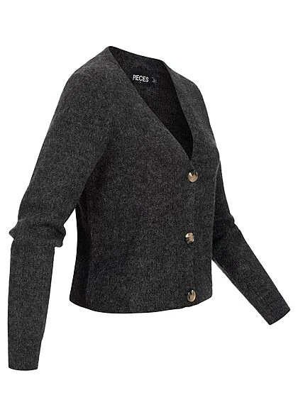 Pieces Damen NOOS Kurze V-Neck Strickjacke Cardigan Knopfleiste Dunkel Grau 4 Pieces Damen NOOS Kurze V-Neck Strickjacke Cardigan Knopfleiste Dunkel Grau – Bild 2