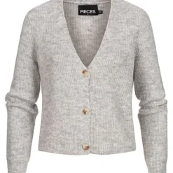Pieces Damen NOOS Kurze V-Neck Strickjacke Cardigan Knopfleiste Hell Grau