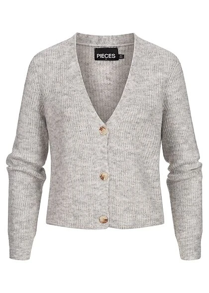 Pieces Damen NOOS Kurze V-Neck Strickjacke Cardigan Knopfleiste Hell Grau 3 Pieces Damen NOOS Kurze V-Neck Strickjacke Cardigan Knopfleiste Hell Grau