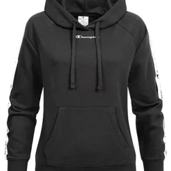 Champion Damen Hoodie Mit Kapuze & Logo Tape Seitlich Kängurutasche Schwarz