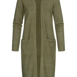 VILA Damen NOOS Longform Cardigan Offener Schnitt 2-Pockets Four Leaf Oliv Grün