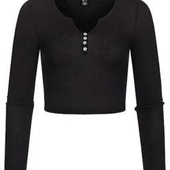 Vero Moda Damen Ribbed V-Neck Crop Top Longsleeve Deko Knöpfe Schwarz