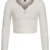 Vero Moda Damen Ribbed V-Neck Crop Top Longsleeve Deko Knöpfe Hell Grau Melange -Vero Moda Verkaufsgeschäft 22010441