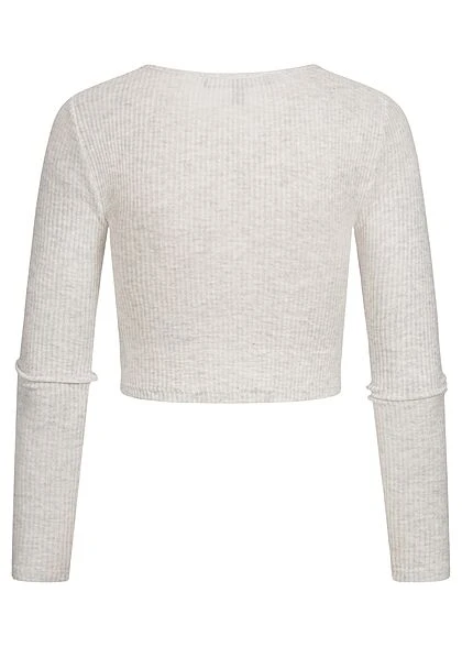 Vero Moda Damen Ribbed V-Neck Crop Top Longsleeve Deko Knöpfe Hell Grau Melange 4 Vero Moda Damen Ribbed V-Neck Crop Top Longsleeve Deko Knöpfe Hell Grau Melange – Bild 2