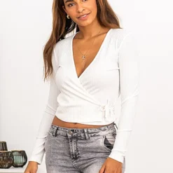 ONLY Damen NOOS Ribbed V-Neck Wickel-Top Longsleeve Seitl. Zum Binden Egret Weiss