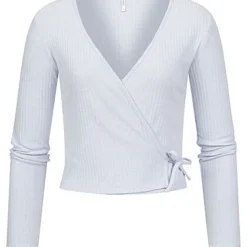 ONLY Damen NOOS Ribbed V-Neck Wickel-Top Longsleeve Seitl. Zum Binden Halogen Blau