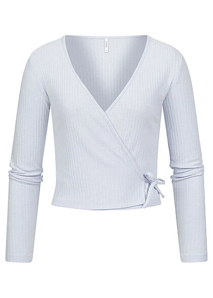 ONLY Damen NOOS Ribbed V-Neck Wickel-Top Longsleeve Seitl. Zum Binden Halogen Blau 3 ONLY Damen NOOS Ribbed V-Neck Wickel-Top Longsleeve Seitl. Zum Binden Halogen Blau