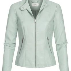 ONLY Damen Kurze Kunstleder Jacke Mit Stehkragen 2-Pockets Harbor Gray Grün Türkis